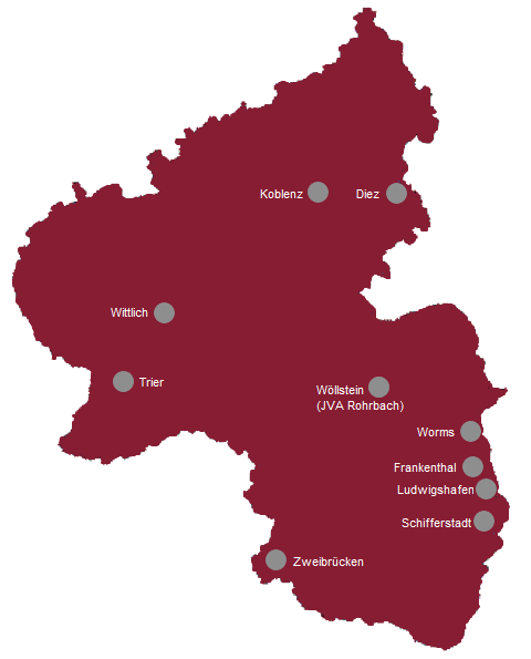Karte von Rheinland-Pfalz, auf der die Standorte der Justizvollzugsanstalten eingezeichnet sind